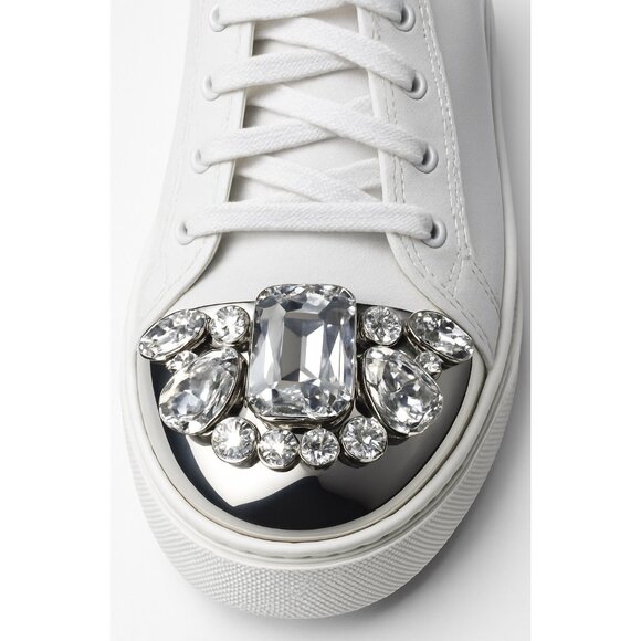 Miu Miu Swarovski Crystal Toe-Cap Nappa Leather Sneakers White Platform 40.5-10 - Picture 3 of 16